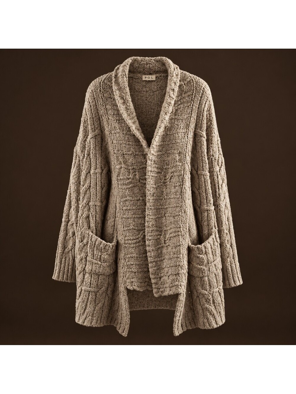 POL Clothing Cozy 3XL Chunky Cable Knit Cardigan Open Front Sweater Tan 5110